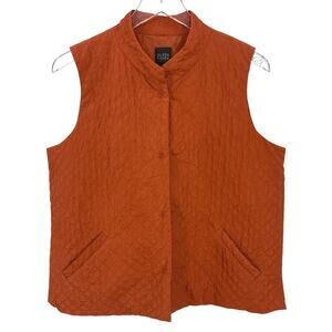 Eileen Fisher 100% Silk Quilted Vest Petite Large Rust Burnt Orange Snap Close